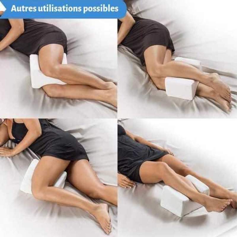 Coussin Genou Orthopédique Mousse Mémoire - Pour Dormeur Côté - Housse Amovible - Fixation Sangle - 25x23cm